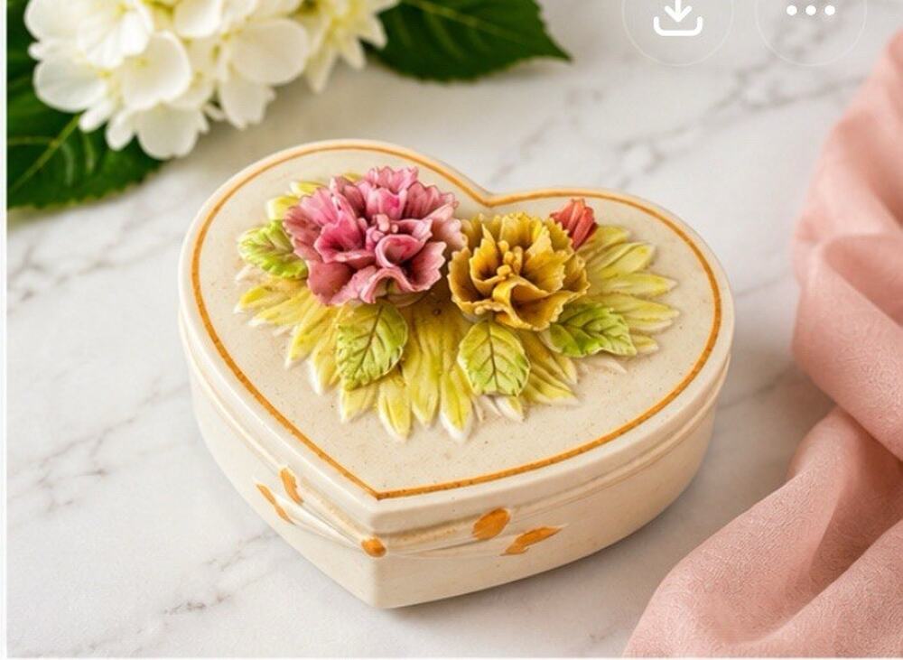 Vintage CAPODIMONTE Heart Shaped Porcelain Trinket Box Flowers Hand Painted